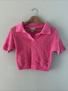 ✨PINK PONY CLUB✨Pink Crochet Short Sleeve Crop Top Size M